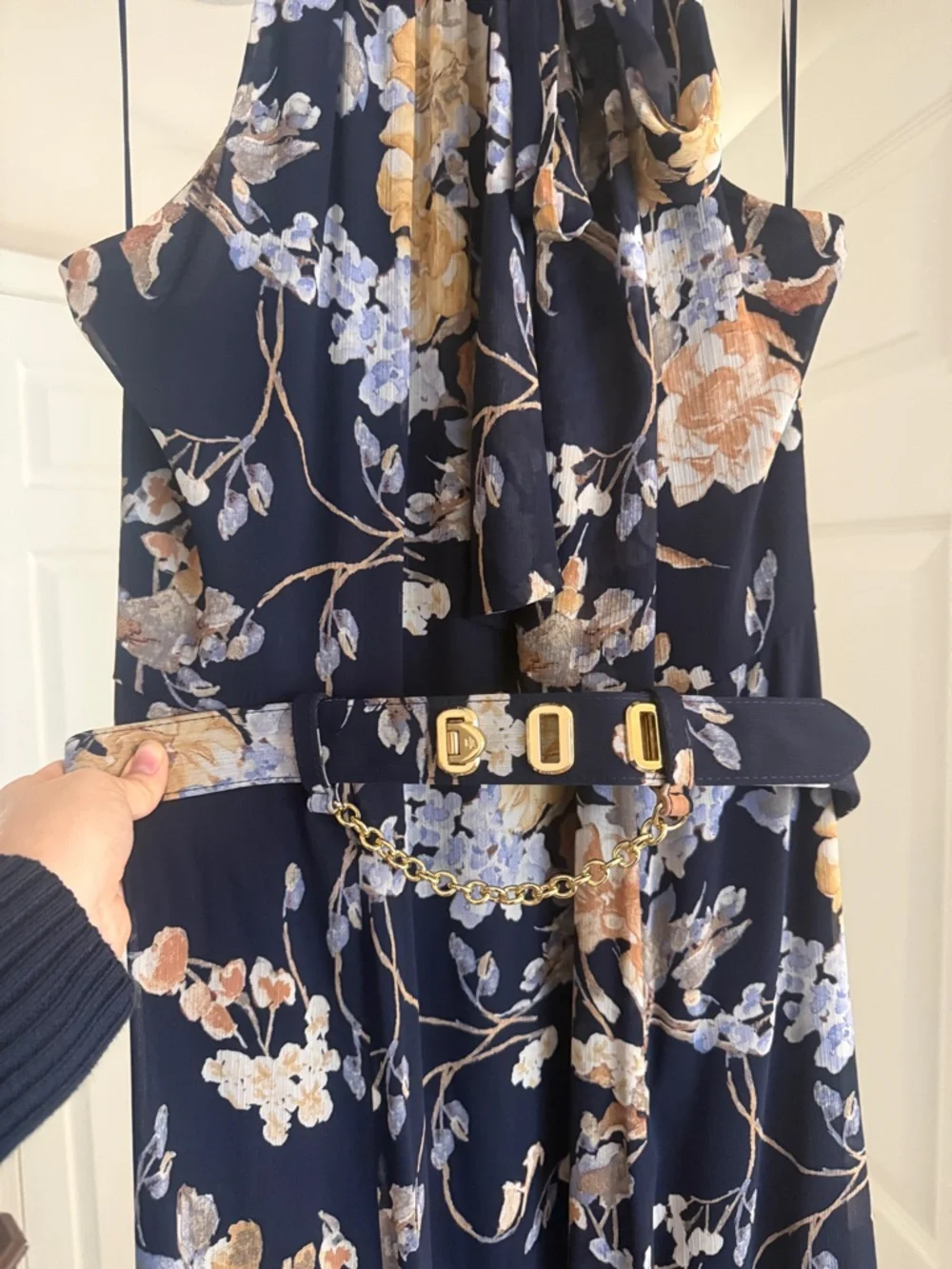 Lauren Ralph Lauren Navy Floral Halter Gown with Belt - Picture 2 of 5